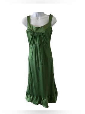 Massimo Dutti Green 100% Silk Midi Dress Sz 4 Empire Waist Loose Babydoll